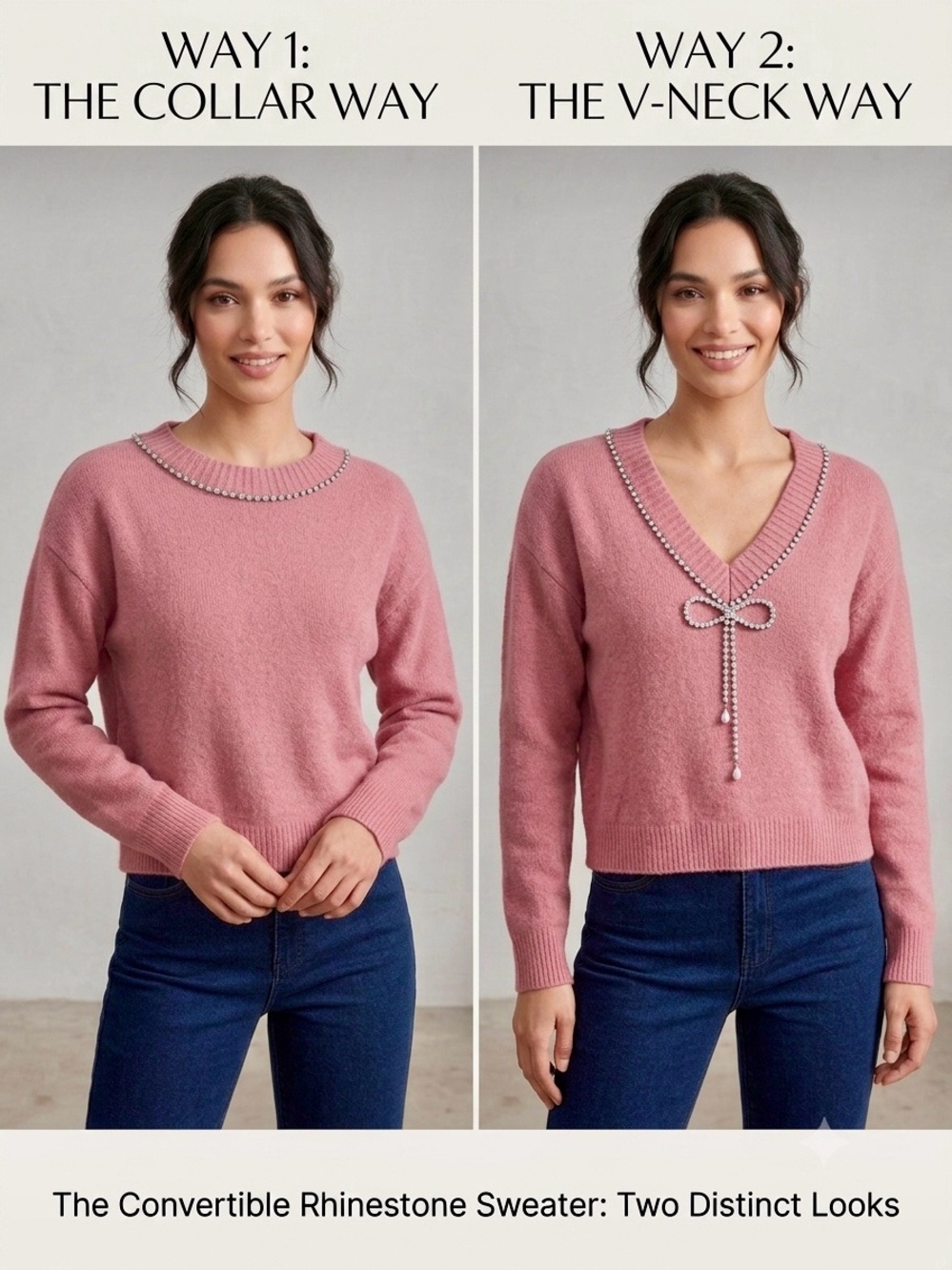 Express 2 way Pink V-Neck Sweater with Rhinestone Bow Detail